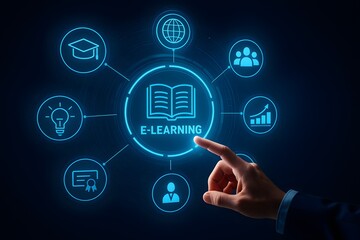 Modern Digital E-Learning Concept with Technology Icons and Hand Touching Screen