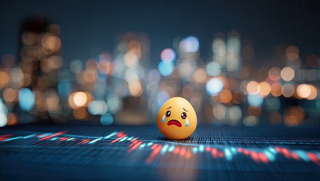 Sad Emoji on Stock Market Decline, Cityscape Background