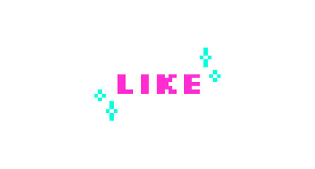 Like pink pixel art social media button word. Video engagement. Interactive callout, feedback vote. Thumb up to post. Retro video game 8 bit typography with kawaii sparkles. Silkscreen font used