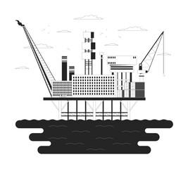 Offshore oil rig platform in ocean outline illustration. Energy production infrastructure. Marine facility. Oilfield, gas extraction 2D line scene isolated on white. Monochrome vector ink linear image
