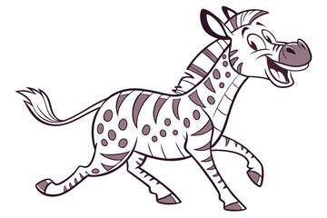 Cartoon Zebra Running on White Background, Cheerful, Outline, Animal Character