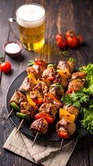 Grilled skewers with vegetables and a beer