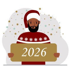 A man in a Christmas red hat with snowflakes holds a Happy New Year 2026 card.