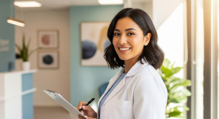 A smiling female healthcare professional in a white coat holds a clipboard in a modern clinic.