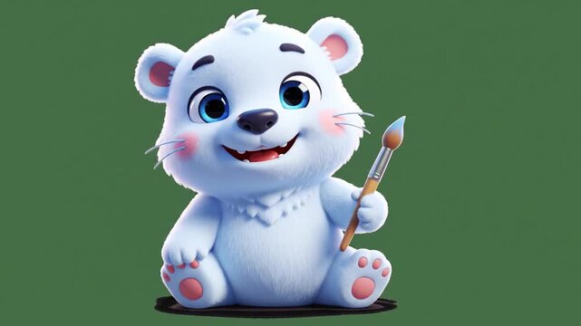Animated polar bear cub with paintbrush on green background