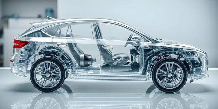 Transparent car model showing internal mechanics and hybrid engine technology. Engineers focus on fuel-efficient design and advanced automotive systems. Clean energy vehicle development.