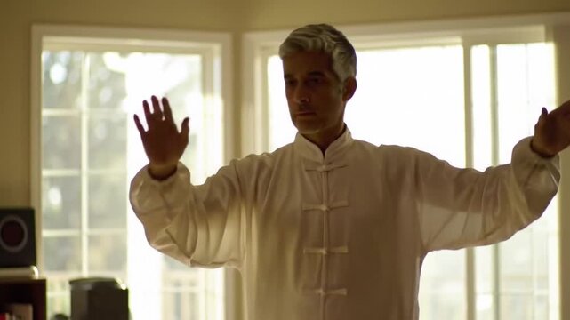 Man Practicing Tai Chi Chuan in His Home.