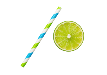 Thick reusable plastic smoothie straw with blue, white & lime green stripes, and fresh lime slice, isolated on transparent studio background, high-key macro shot, concept for refreshing product