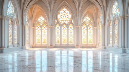 Sunlit Gothic hall with stained glass windows and marble floor.