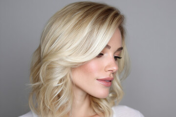 Naklejka premium Blonde Beauty: A profile shot of a woman with wavy blonde hair, soft makeup, and a delicate complexion, set against a neutral background.
