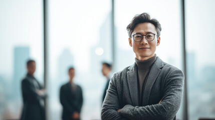 Asian businessman standing confidently in modern office.