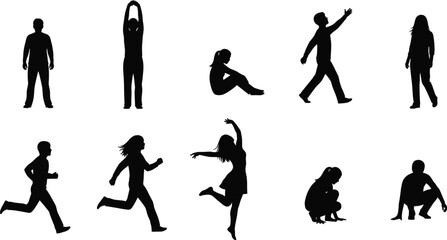 Silhouette Vector Illustration of Children in Various Poses – Kids Playing, Running, Sitting, and Dancing Clipart for Design Projects