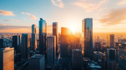 Obraz premium Stunning cityscape sunset with skyscrapers.