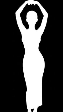 White silhouette of a woman in a dress against a black backdrop
