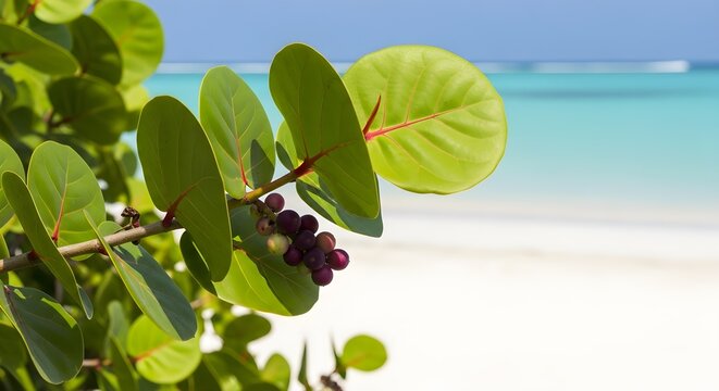 The unique, round leaves and purple fruit of a sea grape plant are captured in an ultra-detailed close-up on a tropical beach. 