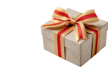 Obraz premium Square gift box, light beige, tied with gold and red ribbon