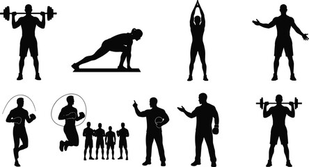 Silhouette Vector Set of Athletes Training, Lifting Weights, Jump Roping, Stretching, and Fitness Coaching for Gym and Sports Concepts
