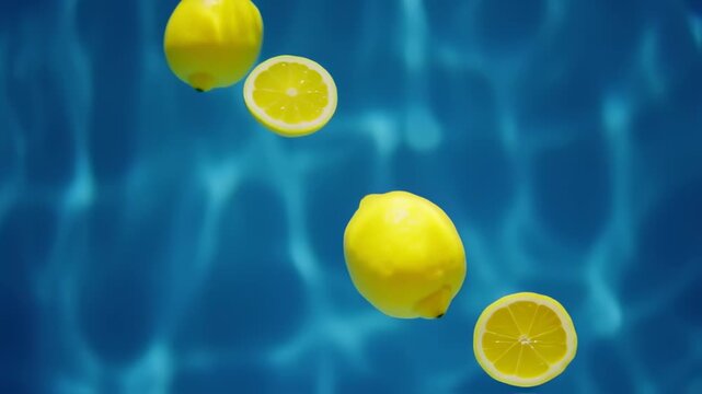 Lemons and lemon slices floating in a swimming pool