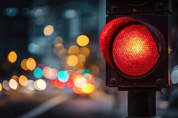 Red traffic light, city night, blurred background, stop signal