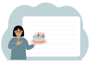 A woman celebrates a birthday or some event. A man with a birthday cake with a candle.