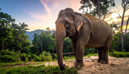 Fototapeta premium Majestic elephant at sunset in a lush forest