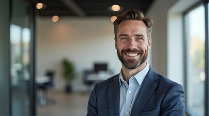 Fototapeta premium Confident Professional Man with Beard Smiling in Modern Office