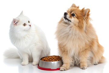 Fototapeta premium White cat and a pomeranian dog are sitting next to each other