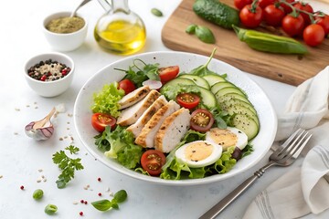 Salad with chicken, tomatoes, cucumbers, and eggs