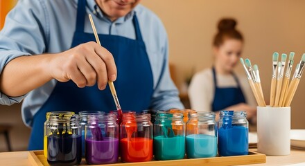 Artists painting with vibrant colors in glass jars during a class setting scene