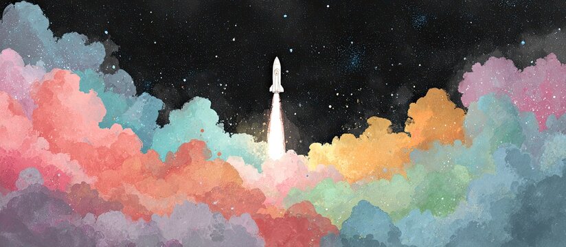 Rocket launching through colorful clouds, starry night background; space travel concept - Powered by Adobe