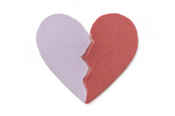 Jagged heart split between pink and red halves, depicting emotional division and relationship breakdown on transparent surface