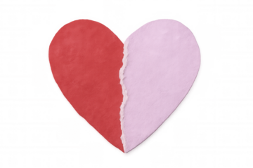 Red and purple torn paper heart on a transparent background representing broken love or separation