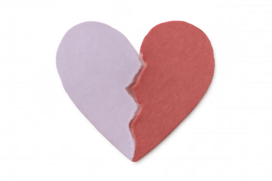 Jagged heart split between pink and red halves, depicting emotional division and relationship breakdown on transparent surface - Powered by Adobe