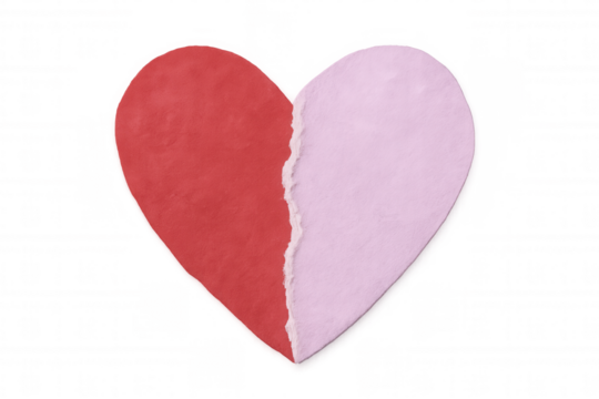 Red and purple torn paper heart on a transparent background representing broken love or separation - Powered by Adobe