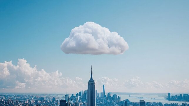 Ethereal Cloud Computing Cityscape with Floating Digital Data   A visually striking scene depicting a futuristic urban landscape with a large cloud formation hovering above the towering skyscrapers
