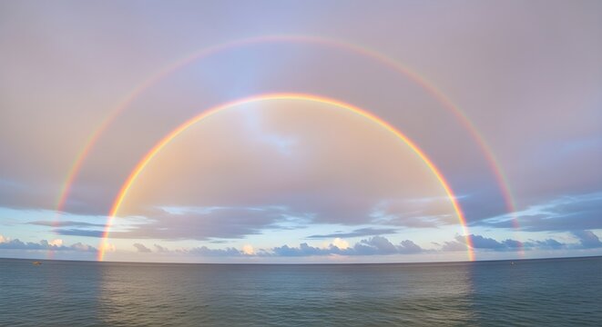 A spectacular, ultra-detailed photograph of a rare double rainbow arching over a serene tropical sea