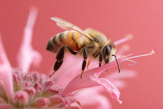 Close-up of a honeybee pollinating a pink flower in the garden. The bee is collecting nectar, contributing to pollination. - Powered by Adobe