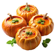 Photo of four small hollowed-out pumpkins filled with vibrant orange soup and garnished with fresh basil leaves, isolated on a transparent background.