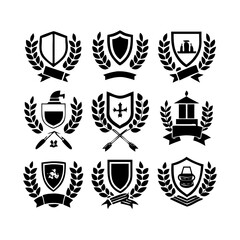Fototapeta premium Vintage educational coat of arms set with university college and academy elements isolated vector illustration. Laurel wreaths, shields, ribbons illustration for awards,badges, and branding designs 