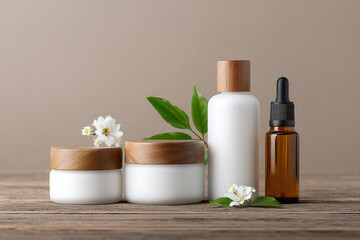 Natural skincare products displayed with floral accents on a wooden surface, promoting a healthy lifestyle and radiant complexion.