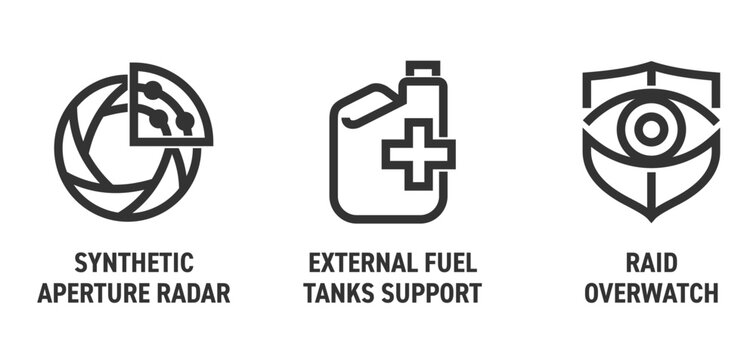 UAV drone bold icons set - External fuel tank, Raid overwatch, Synthetic radar