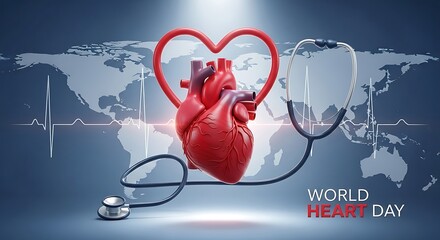 World heart day illustration with anatomical heart, stethoscope, and world map