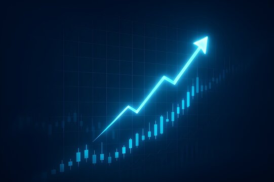 Glowing blue financial chart with rising candlestick bars and arrow