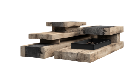 Modern wood-burning fireplace.  Layered wooden structure,  black firebox.  Natural wood grain,  dark grey accents.  Abstract design