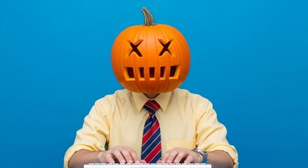 Man with Pumpkin Head Typing at Keyboard, Halloween Office Concept