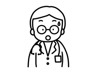 白衣を着た中年の男性医者のイラスト　驚く