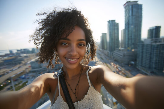 Selfie of Young Woman on Rooftop with Curly Hair and Sunlight Over Tall Modern Skyscrapers and Urban Buildings