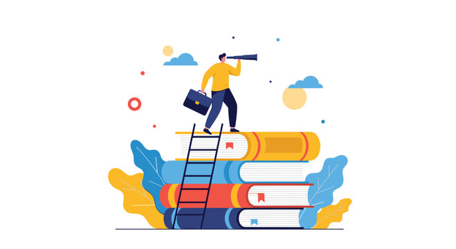 Illustrating a young man standing on books looking through a telescope for opportunities and knowledge