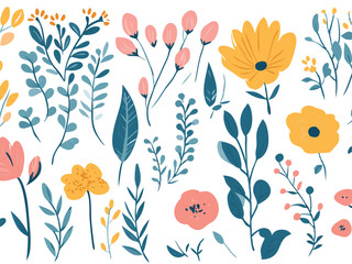 Vibrant collection of hand drawn watercolor style floral elements and botanical illustrations
