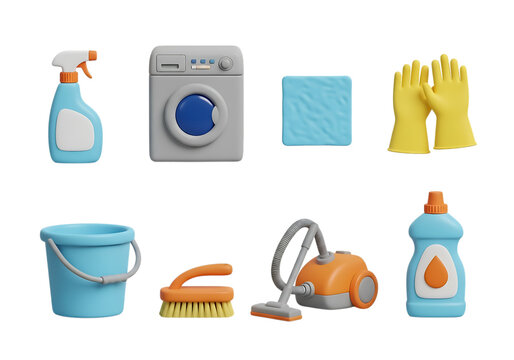 3d icon of cleaning supplies and equipment set washing machine, spray bottle, bucket, brush, vacuum, gloves, isolated on transparent background